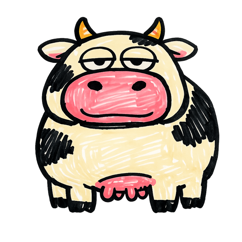 A chunky hand-drawn cow with a smug face